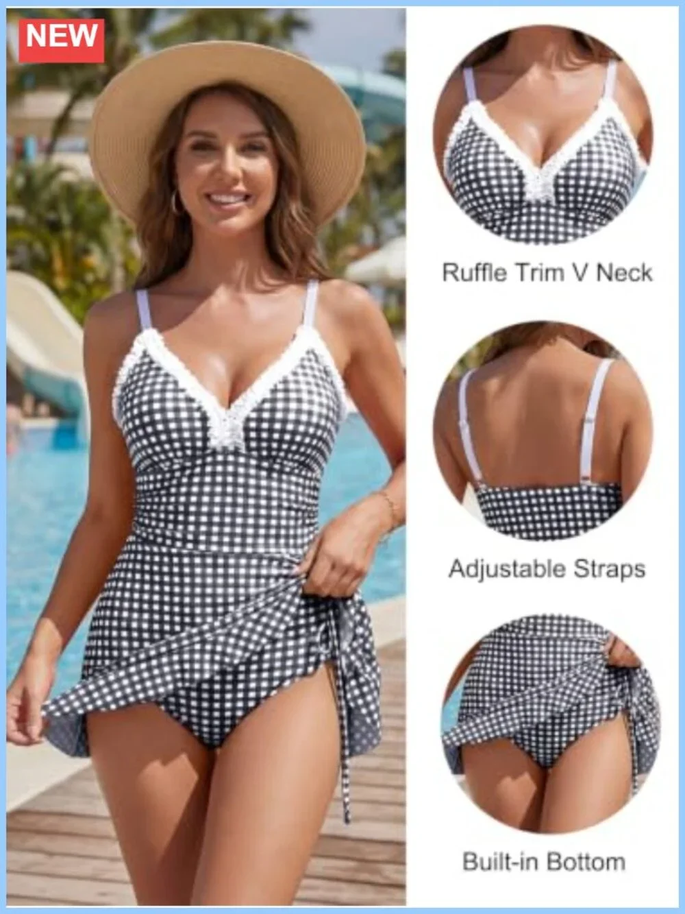 One Piece Swimsuit Tummy Control Adjustable Straps V-Neck Ruffle Trim Quick Dry